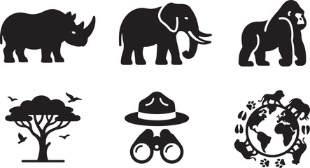 African wildlife and explorer icons set in black and white vector style Vector © Runa
