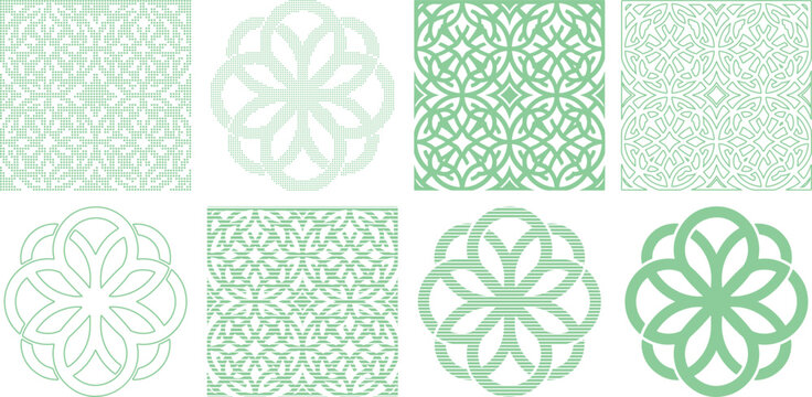 Set of eight light green geometric patterns and floral mandalas, featuring halftone dots, linear strokes, and interlocking celtic knotwork