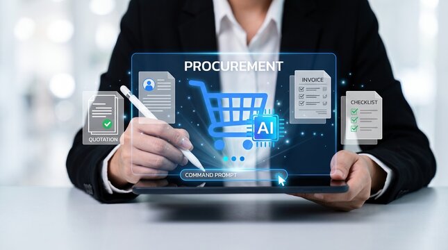 Business professional using ai for procurement process on tablet with businessperson suit using, artificial intelligence, procurement icons, online shopping