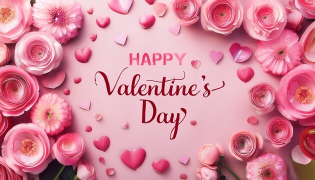 Fondo Romantico En Tonos Rosas Pastel Con Flores Rosas Alrededor Con La Inscripcion Happy Valentineas Day Concepto Tarjeta De Felicitacion De San Valentin
