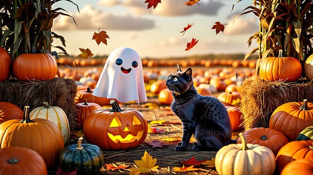 Halloween themed pumpkin patch with cute ghost and black cat sitting among autumn leaves