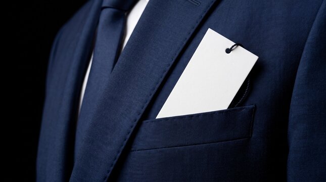 Man in blue suit with blank price tag in pocket with wearing blue, blank white, his pocket, professional, businessman, advertising, background