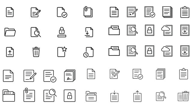 Set of 40 document and folder outline icons, including file management, security, and cloud storage.
