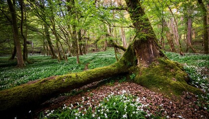 Fototapeta premium Mossy Fallen Tree In Wild Garlic Forest