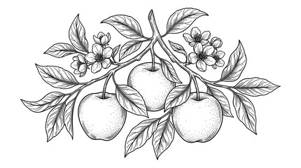 Vintage apple branch engraving, botanical fruit sketch with blossoms and leaves, hand drawn orchard harvest illustration for cider labels © satish