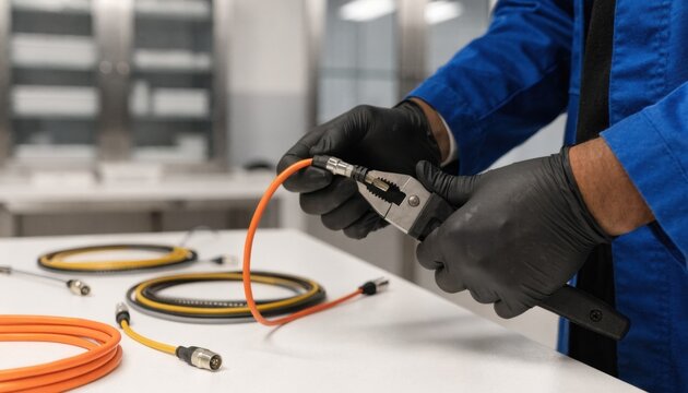 Detailed shot of professional using crimping tools to attach BNC connectors capturing precision and quality control on moderatesized cables in a clean lab environment.