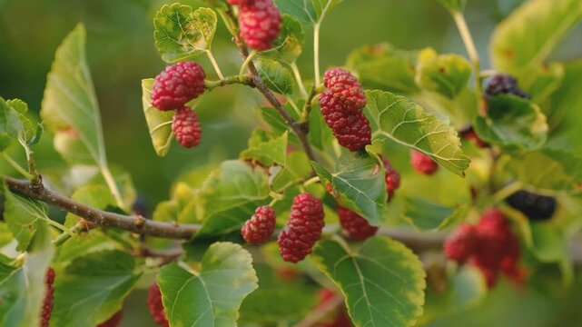 Ripe and unripe black mulberries hanging on branch with green leaves in summer garden