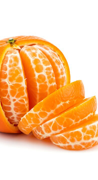 Fresh Ripe Tangerine Fruit Peeled and Sliced on White Background.