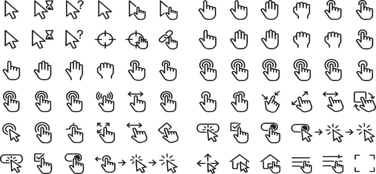 Set of black and white computer mouse cursor and touch gesture vector graphic design elements isolated on transparent background