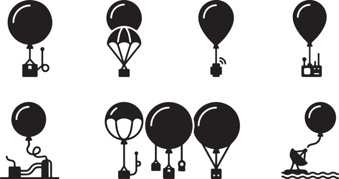 Eight creative hot air balloon icons with different payloads and settings Vector
