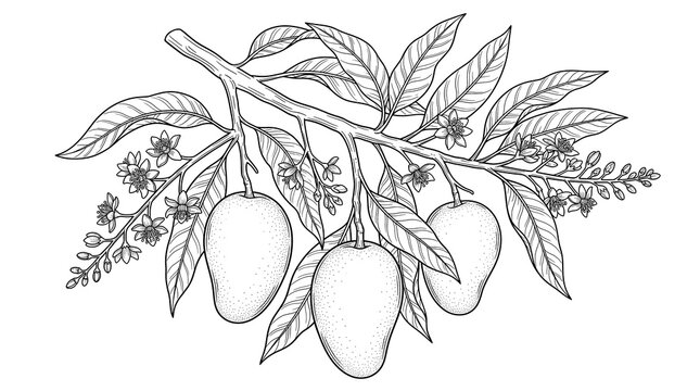 Vintage mango tree branch sketch, botanical line art illustration of tropical fruit and flowers, hand drawn black and white mango foliage engraving