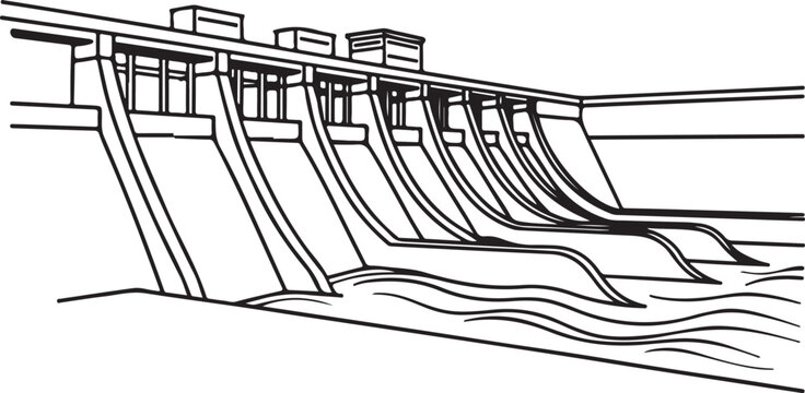 Clean black and white vector illustration of a large industrial dam structure for energy production