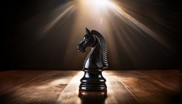 A Dark Chess Knight Figurine Stands Prominently On A Wooden Surface Illuminated By A Single Ray Of Light