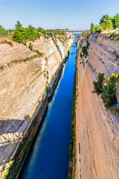 A view west down into the Corinth Canal waterway in Greece in early summertime