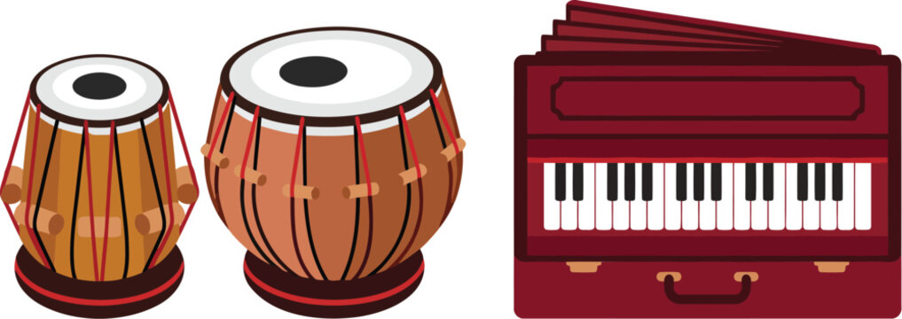 Traditional Indian tabla and harmonium musical instruments