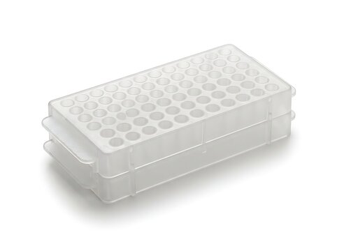 Empty transparent plastic PCR tube rack with 96 wells for lab use