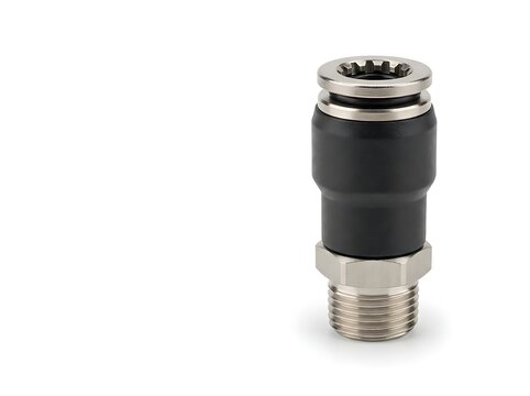Stainless steel push in fitting with black rubber seal and hex nut