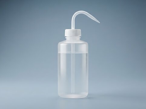 Transparent plastic bottle with white cap and curved spout on blue
