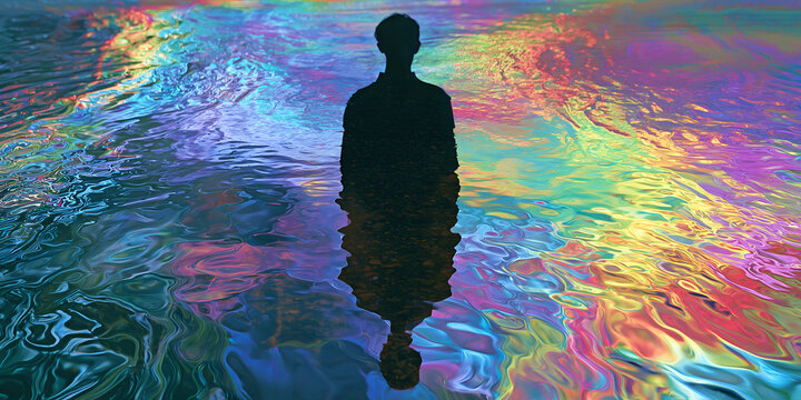 The Silhouette That Stands Above a Pool of Iridescent Liquid Light, ai generated.