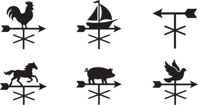 Black and white weather vane icons with different animal and object designs Vector