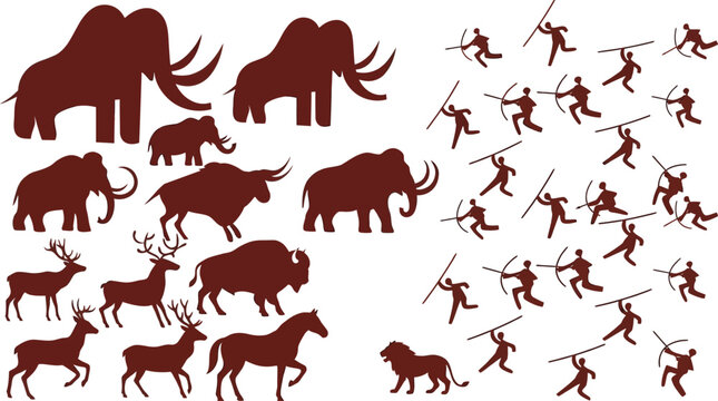 Mammoth bison deer and human silhouettes in a reddish brown vector illustration