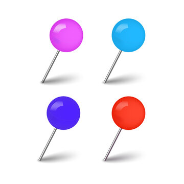 Four colorful round push pins in pink, blue, purple, and red with metal needles and dark shadows isolated on a transparent background