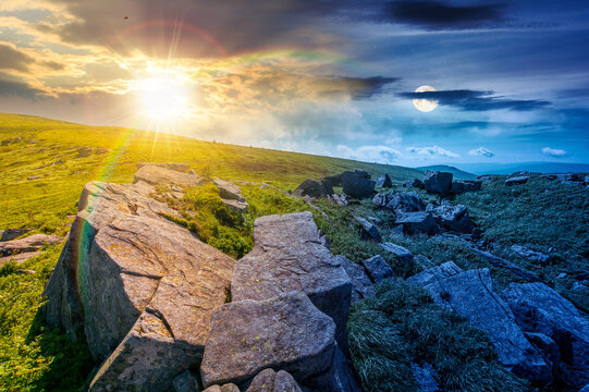 alpine grassy meadow. day meet night. sun and moon over carpathian mountains landscape with boulders. alpine nature scenery of ukraine highlands on summer solstice. view of remote place in mountains