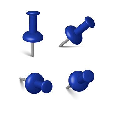 Set of four blue plastic push pins shown from different angles and perspectives for office and school use isolated on a transparent background