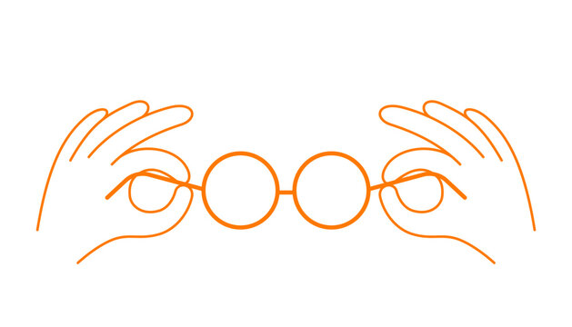 Vector hand is holding up glasses sign in minimal linear style. 