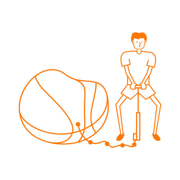 Vector hand drawn in minimal linear style of a man inflating an air pump into a basketball.