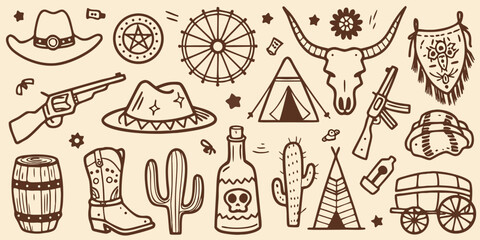 Wild West Elements Vector Illustration With Cowboy Hats And Bull Skulls © Sarojit