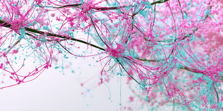The Branch That Blooms in Neon Threads of Pink and Turquoise Light, ai generated.