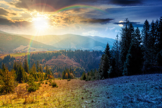 countryside mountain landscape on autumn equinox. weathered grassy field on a hill near forest. rural background. alpine highland of ukraine at twilight