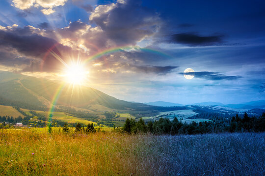 countryside mountain landscape in summer. day meet night. sun and moon over lush grassy pasture on a hill near forest. rural outdoor adventure background. alpine highland of ukraine