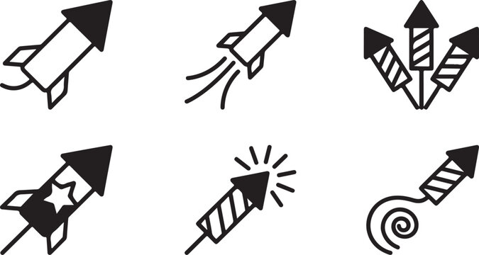 Set of six stylized rocket and firework vector icons Vector