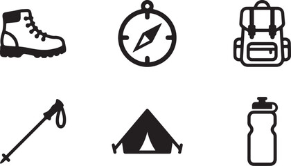 Flat icons of hiking essentials set with backpack and tent Vector © mahafuza