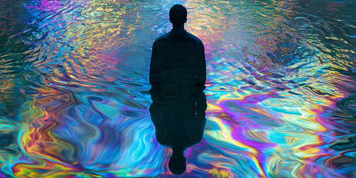 The Silhouette That Stands Above a Pool of Iridescent Liquid Light, ai generated.