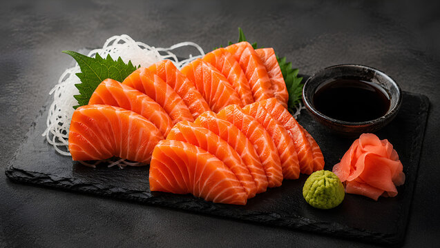 Fresh Salmon Sashimi Slices Served with Wasabi, Ginger, and Soy Sauce