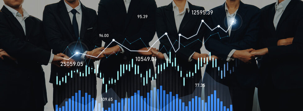 A professional business team in suits stands confidently, showcasing graphs and charts on a screen, illustrating key financial data and investment strategies for success. Scalp
