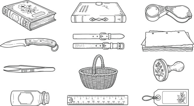 Botanical Foraging Hand Drawn Vector Icon Set Featuring Leather Bound Journal Knife Woven Basket Stamp Ruler Straps and Tweezers