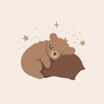 Cute sleeping bear hugging a pillow with stars, isolated on white background. Cozy woodland animal for nursery, autumn and winter designs. Flat vector illustration.
