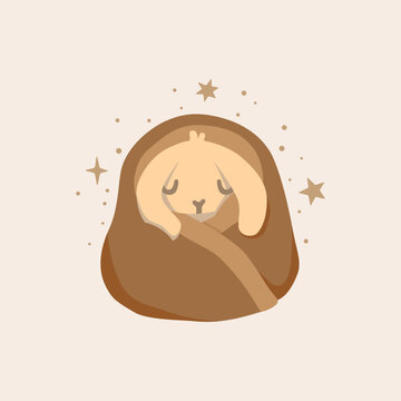 Cute sleeping bunny wrapped in a cozy blanket with stars, isolated on white background. Adorable woodland animal for nursery, autumn and winter designs. Flat vector illustration.
