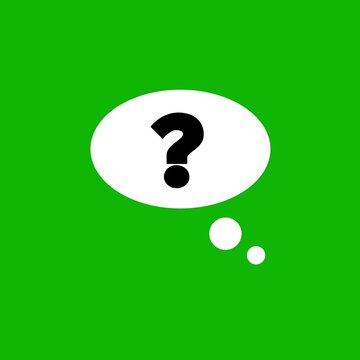 Minimal flat illustration of a white thought bubble with a bold black question mark on a bright green background. Concept of thinking, curiosity, questions, ideas, problem solving, brainstorming, unce