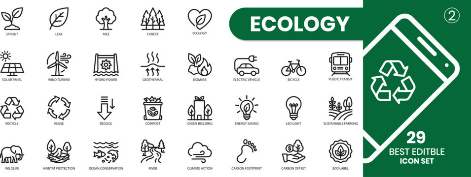 Ecology icon set 29 editable symbols for sustainable living and environmental conservation