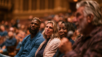 Obraz premium Diverse Audience Engaged in Auditorium Talk, Warm Wooden Venue, Soft Lighting, Ideal for Events and Education.