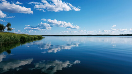 Fototapeta premium Serene Lake at Dawn: Tranquil Nature Scene with Clear Reflection and Verdant Shore