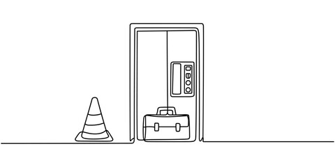 Elevator Maintenance with Technician Toolkit and Safety Cone Continuous One Line Drawing © Saheda
