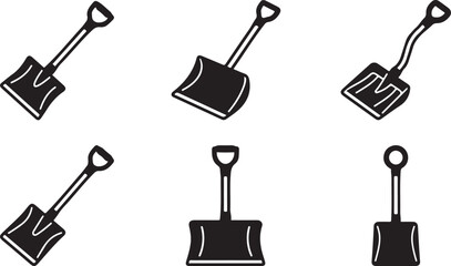 Set of six different shovel and snow shovel icons in black and white Vector © mahafuza