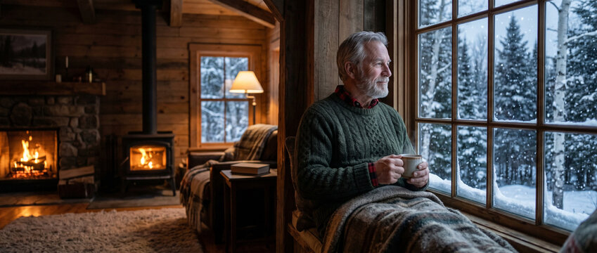 Phlegmatic man sitting by the window with cup in winter cabin  