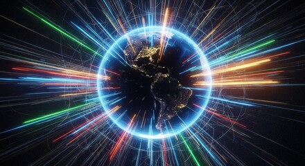 Fototapeta premium Futuristic digital earth with glowing light trails, global network connectivity, high speed data transfer concept